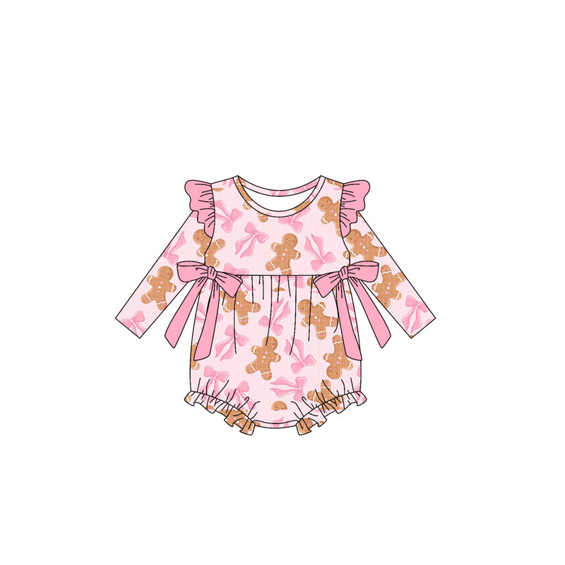presale LR2201 Baby Girls Pink Long Sleeves Gingerbread Bows Ruffle Rompers   D 5.14