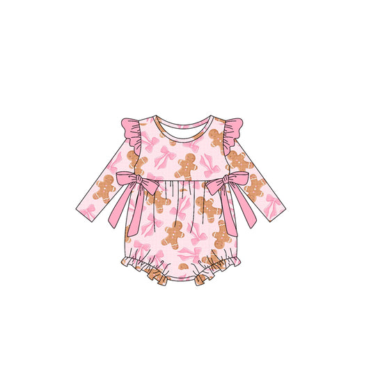 presale LR2201 Baby Girls Pink Long Sleeves Gingerbread Bows Ruffle Rompers   D 5.14