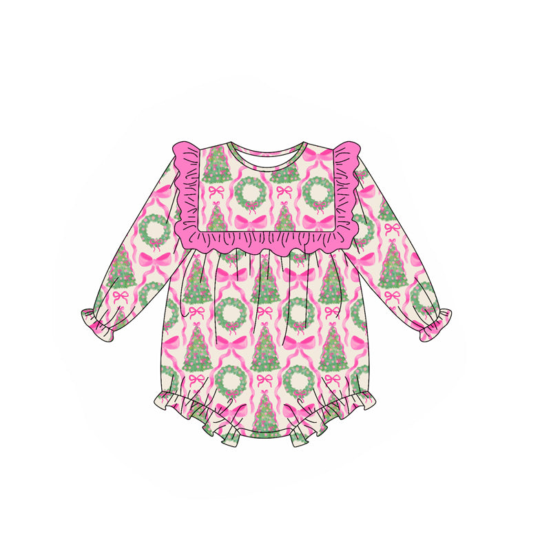 LR2202  Baby Girls Long Ruffle Sleeves Trees Bows Ruffle Rompers  D 6.28
