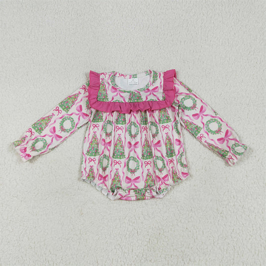 LR2202  Baby Girls Long Ruffle Sleeves Trees Bows Ruffle Rompers  D 6.28