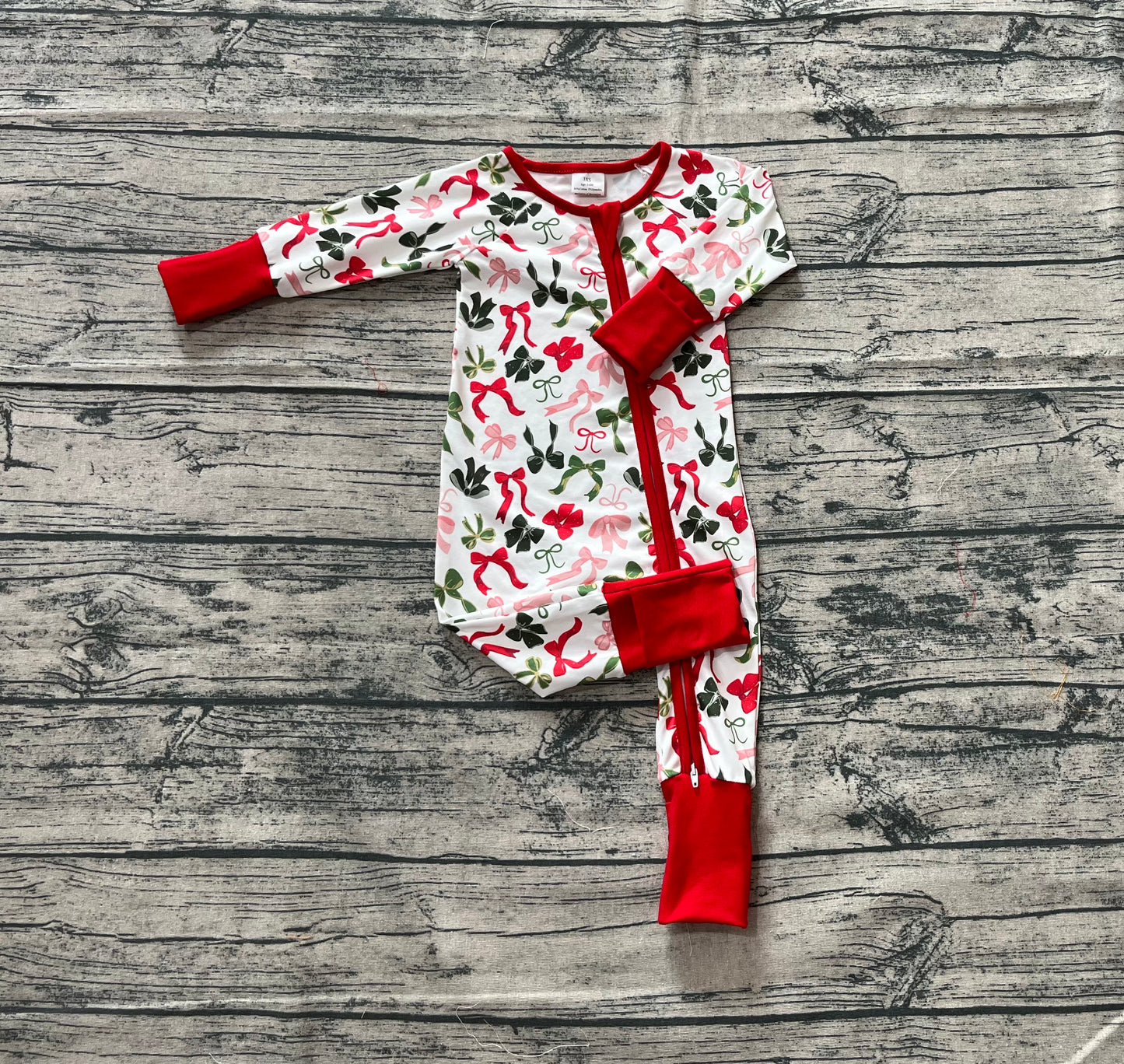 LR2203 Baby Kids Long Sleeves Red Green Bows Zipper Pant Rompers  D 6.24