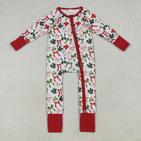 LR2203 Baby Kids Long Sleeves Red Green Bows Zipper Pant Rompers  D 6.24