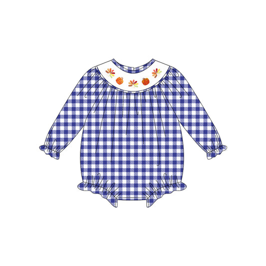 presale LR2204 Baby Girls Long Sleeves Blue Plaid Smocked Turkey Pumpkins Ruffle Rompers D 5.14