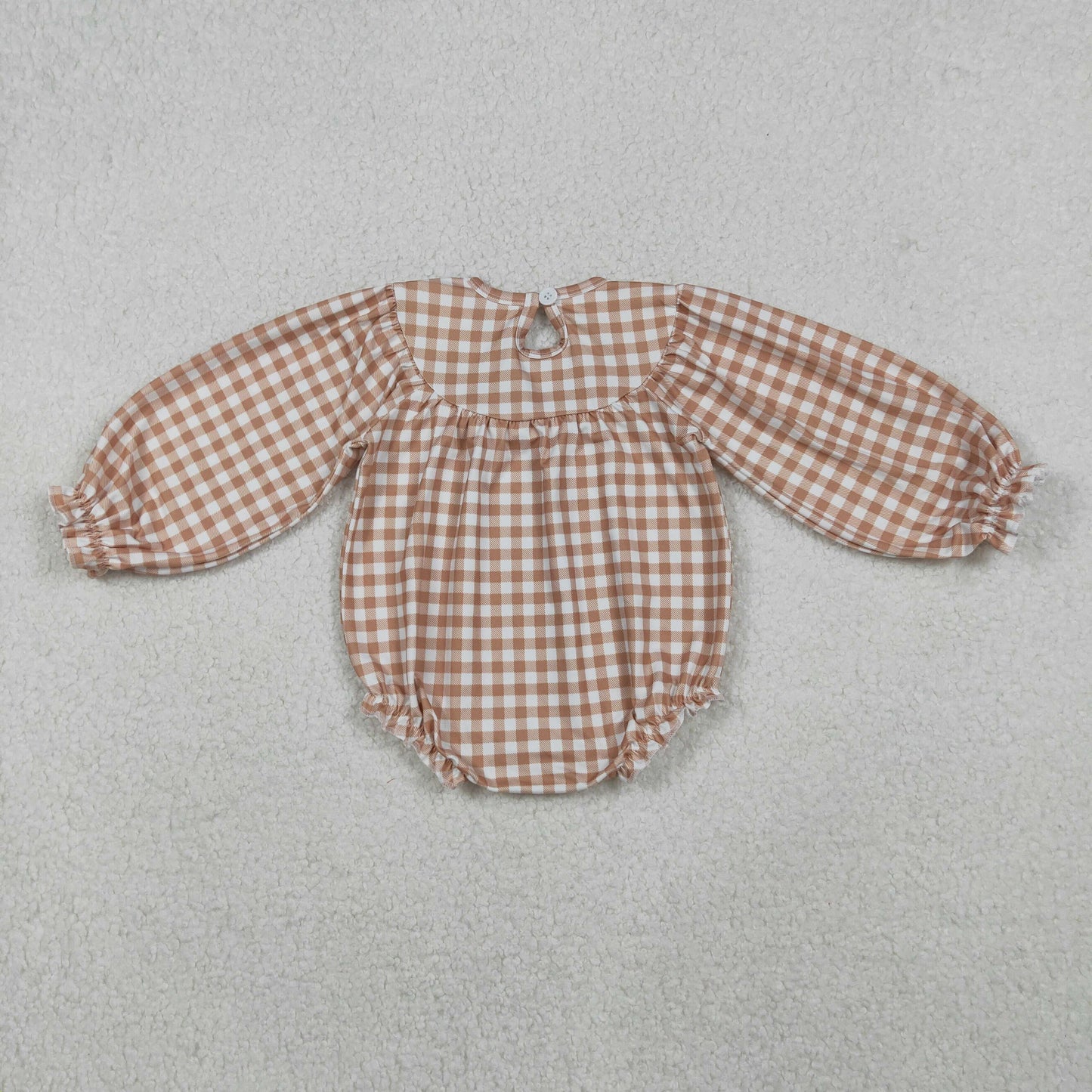LR2205 Smocked Turkey Leaves Baby Girls Khaki Checked Thanksgiving Ruffle Rompers  D 1025