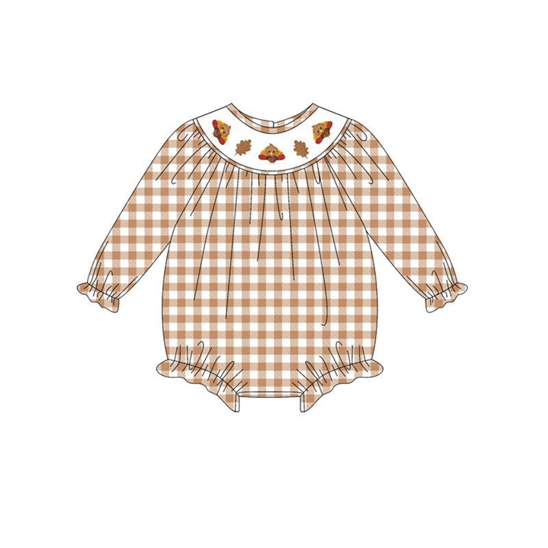 LR2205 Smocked Turkey Leaves Baby Girls Khaki Checked Thanksgiving Ruffle Rompers  D 1025