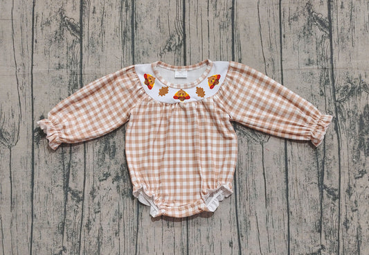 presale LR2205 Baby Girls Long Sleeves Khaki Plaid Smocked Turkey Leaves Ruffle Rompers  D 911