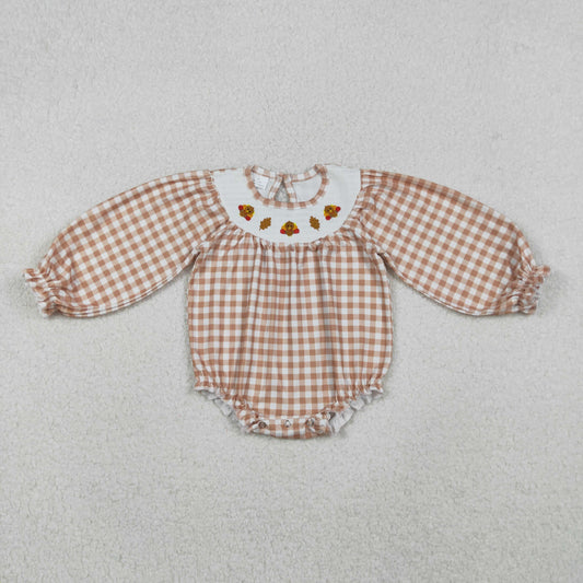 LR2205 Smocked Turkey Leaves Baby Girls Khaki Checked Thanksgiving Ruffle Rompers D 1025