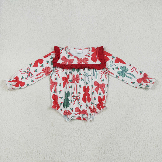 LR2209  Baby Girls Long Sleeves Red Green Bows Ruffle Rompers D 6.24