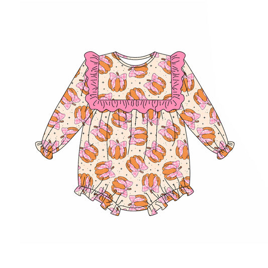 presale LR2211 Baby Girls Long Sleeves Pink Bows Pumpkins Ruffle Rompers D 5.15
