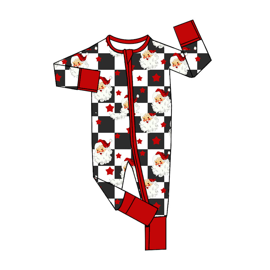presale LR2215 Baby Boys Long Sleeves Black Plaid Santa Stars Zipper Rompers  D 5.15