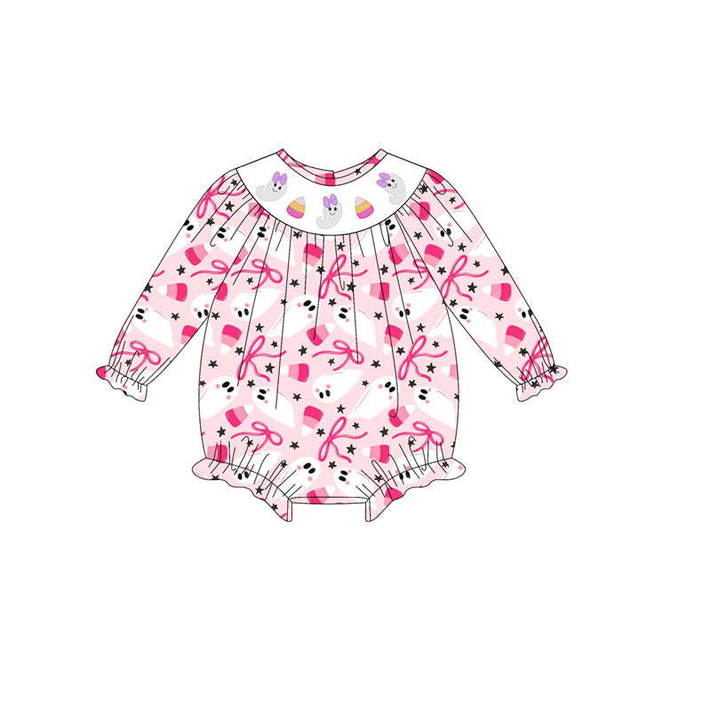 LR2216  Ghost candy corn smocked bow girls Halloween romper D 901