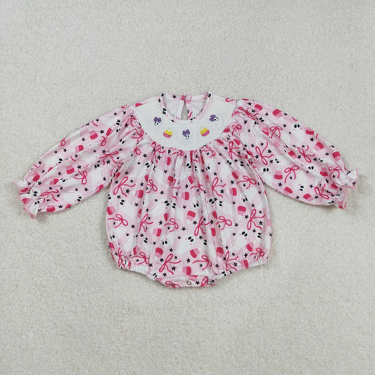 LR2216  Ghost candy corn smocked bow girls Halloween romper D 901