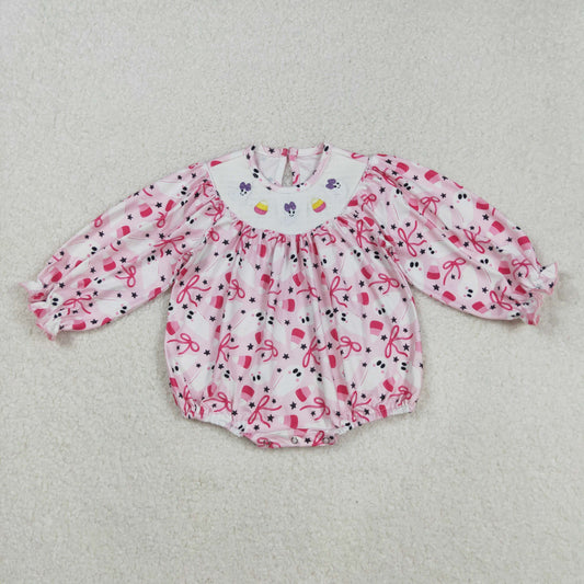 LR2216  Ghost candy corn smocked bow girls Halloween romper D 901
