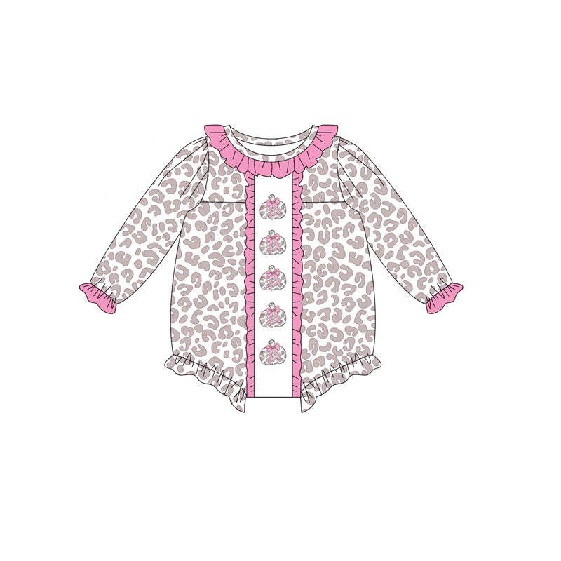 LR2220 Long sleeves leopard pumpkin bow girls fall romper  D 821