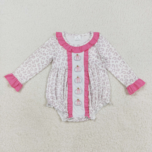 LR2220 Long sleeves leopard pumpkin bow girls fall romper  D 821