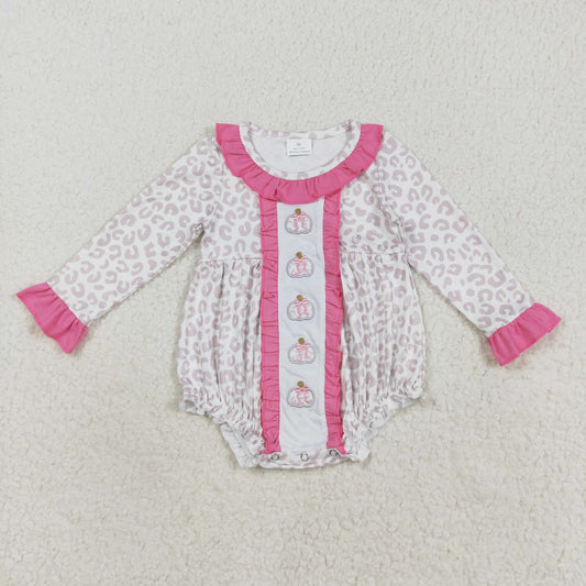 LR2220 Long sleeves leopard pumpkin bow girls fall romper  D 821