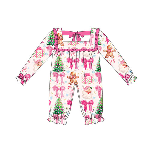 presale LR2221 Baby Girls Long Ruffle Sleeves Pink Santa Gingerbread Pant Rompers D 5.16