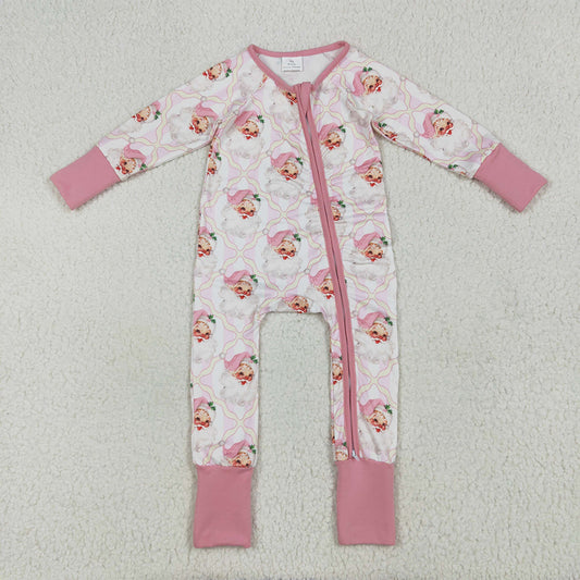 LR2224 Baby Girls Long Sleeves Pink Santa Plaid Zipper Pant Rompers D 5.16