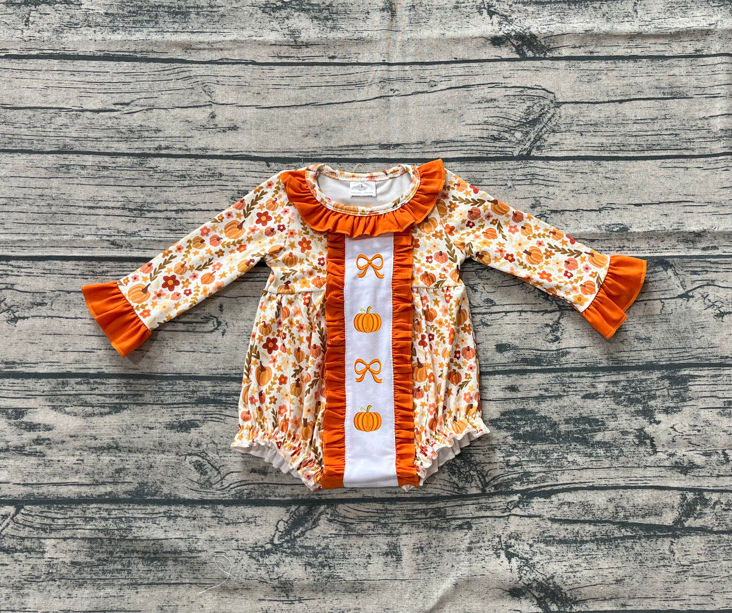 LR2228 Embroidery Baby Girls Long Sleeves Bows Pumpkins Floral Ruffle Rompers  D 6.24