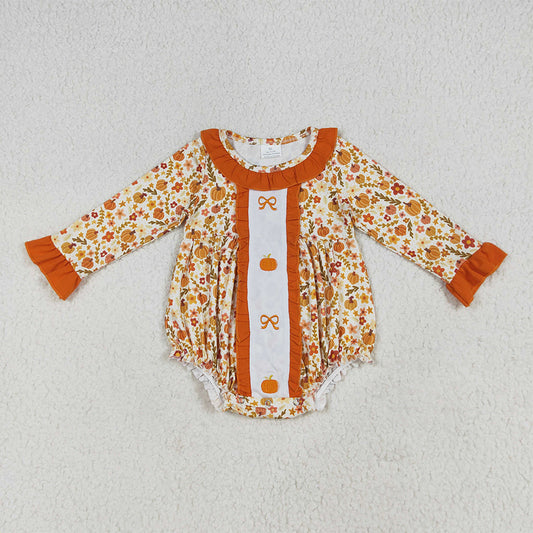 LR2228 Embroidery Baby Girls Long Sleeves Bows Pumpkins Floral Ruffle Rompers D 6.24