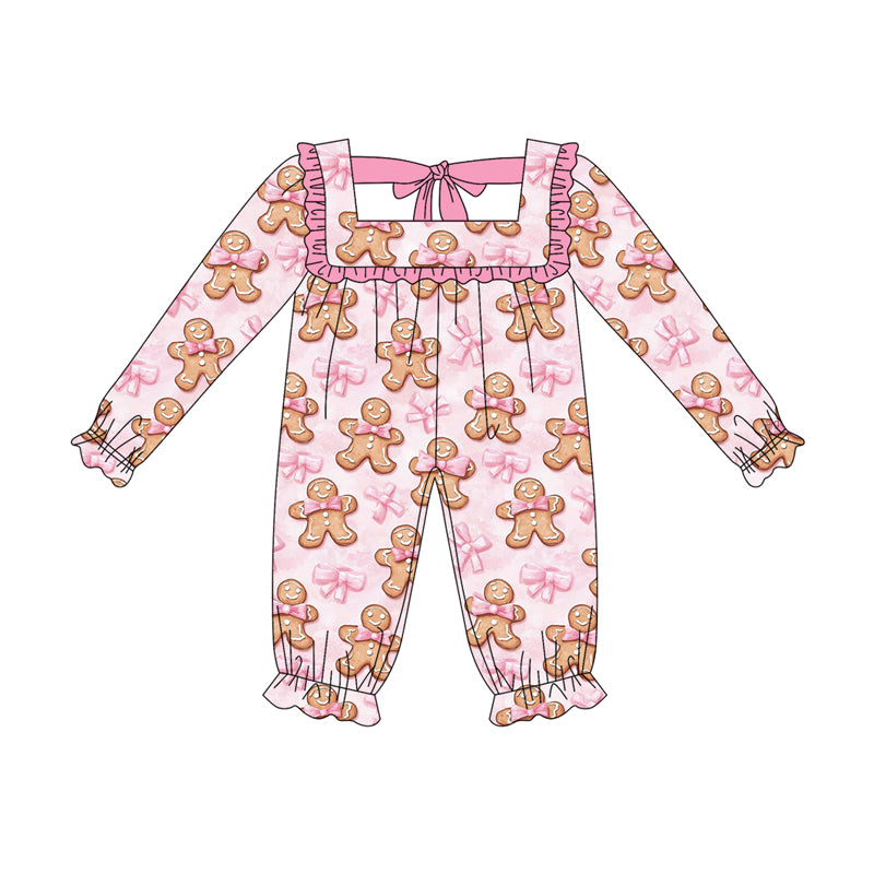 presale LR2230 Pink ruffle bow gingerbread baby Christmas romper  D 5.16