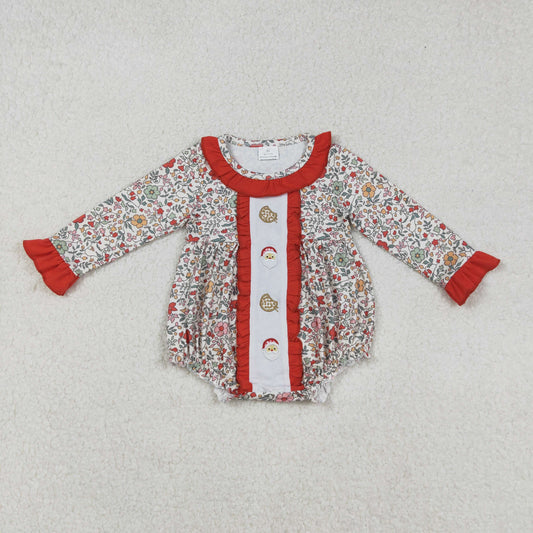 LR2232 Embroidery Ruffle Baby Girls Christmas Floral Santa Cakes Ruffle Rompers D 906