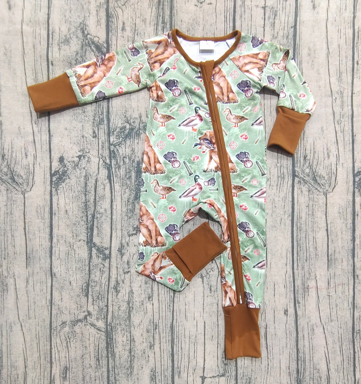 LR2234 Baby Boys Green Long Sleeves Dog Ducks Baseballs Zipper Rompers D 6.17