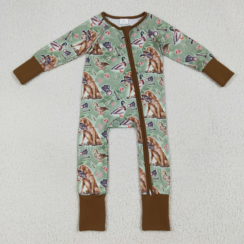 LR2234 Baby Boys Green Long Sleeves Dog Ducks Baseballs Zipper Rompers D 6.17