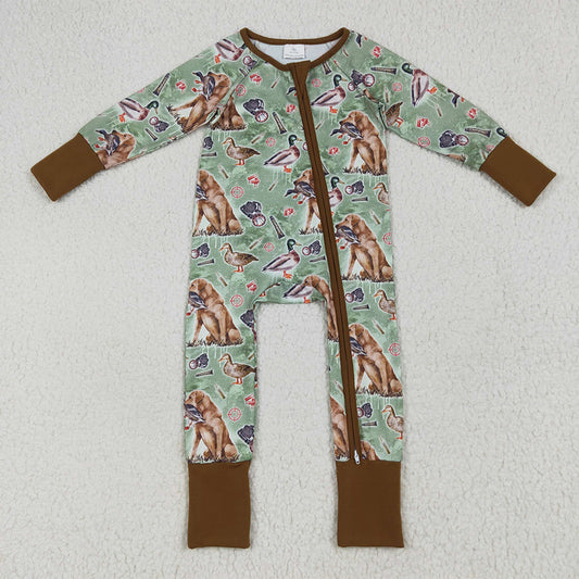 LR2234 Baby Boys Green Long Sleeves Dog Ducks Baseballs Zipper Rompers D 6.17