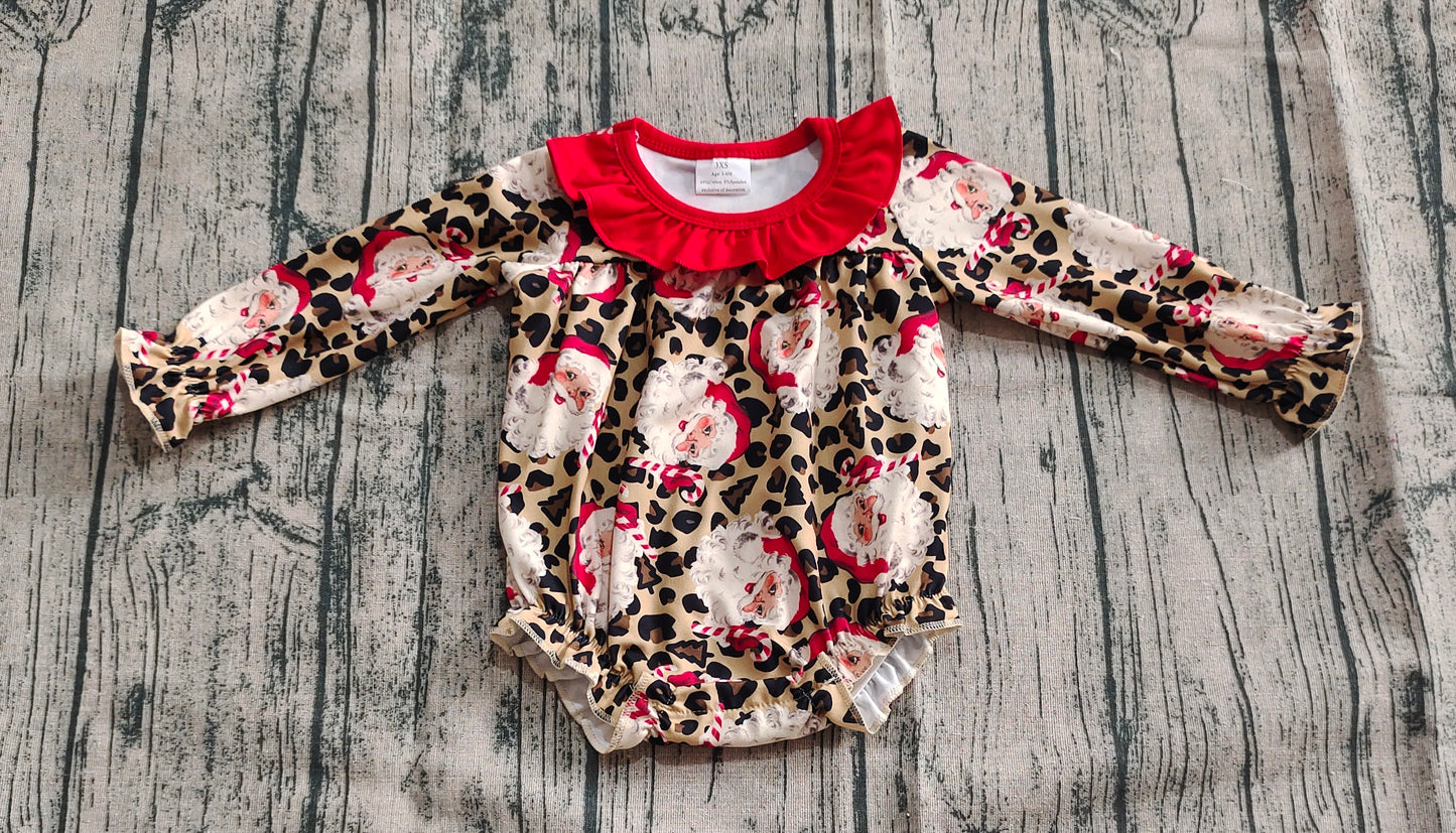 LR2237 Baby Girls Long Sleeves Leopard Santa Ruffle Rompers D 5.26