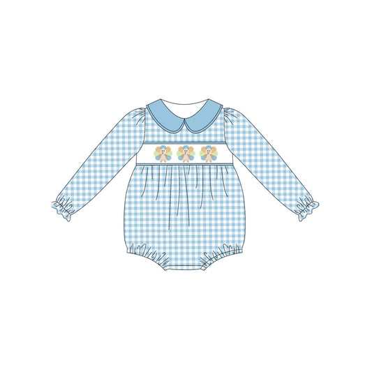 presale LR2245 Baby Girls Blue Plaid Long Sleeves Turkey Ruffle Rompers D 5.23