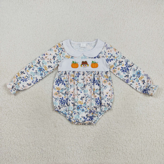 LR2246  Baby Girls Long Ruffle Sleeves Pumpkins Floral Rompers D 822