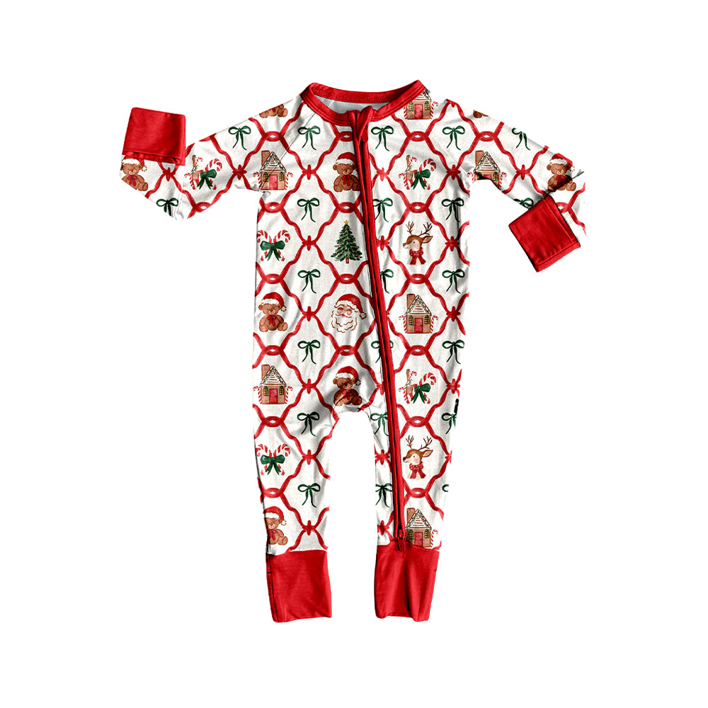 LR2248  Baby Kids Long Sleeves Red Bows Plaid Trees Gingerbread Zipper Rompers D 5.23