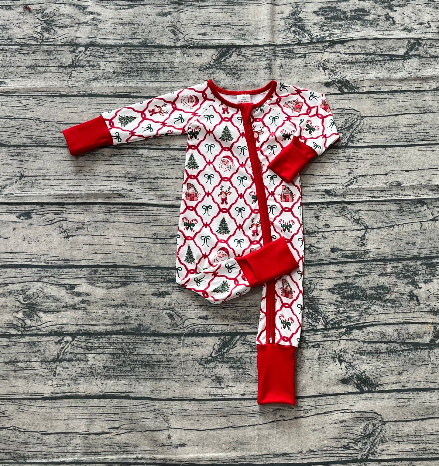 LR2248  Baby Kids Long Sleeves Red Bows Plaid Trees Gingerbread Zipper Rompers D 5.23