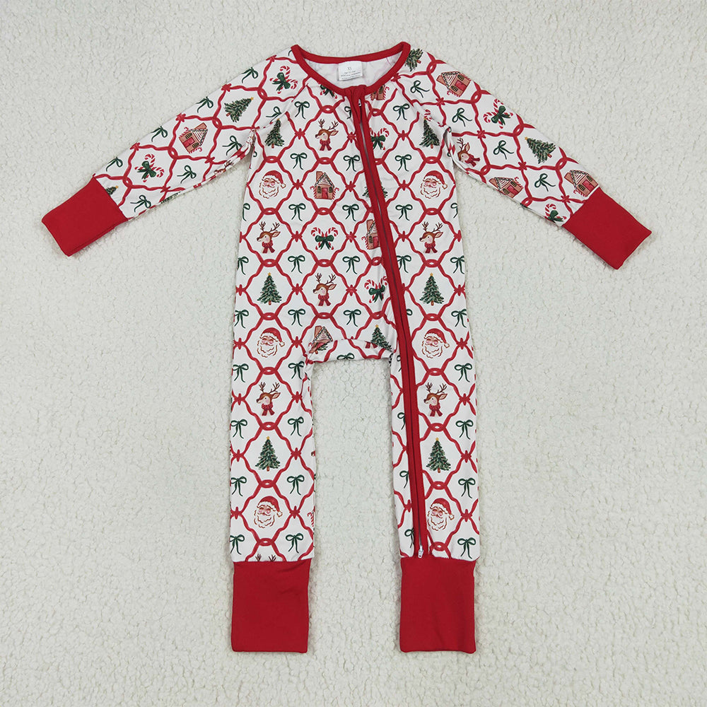 LR2248  Baby Kids Long Sleeves Red Bows Plaid Trees Gingerbread Zipper Rompers D 5.23
