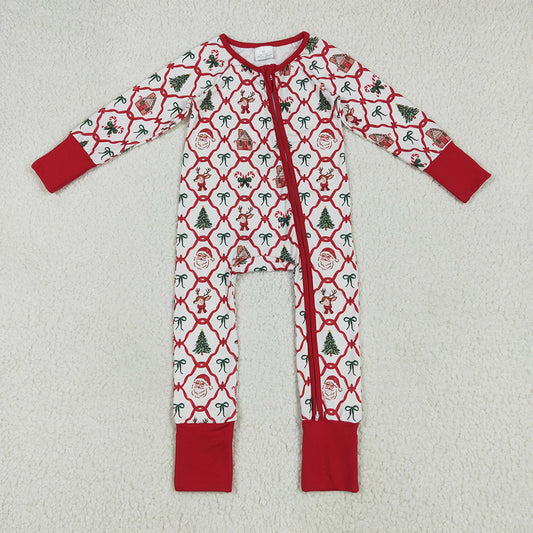 LR2248 Baby Kids Long Sleeves Red Bows Plaid Trees Gingerbread Zipper Rompers D 5.23