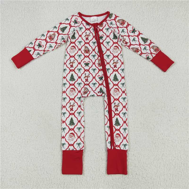 Family Sibling Mama and Me Bows Santa Socks Checked Top Pants Christmas Pajamas Sets Zipper Rompers   D 1208