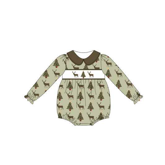 presale LR2249 Baby Girls Long Sleeves Olive Deer Trees Ruffle Rompers D 5.24