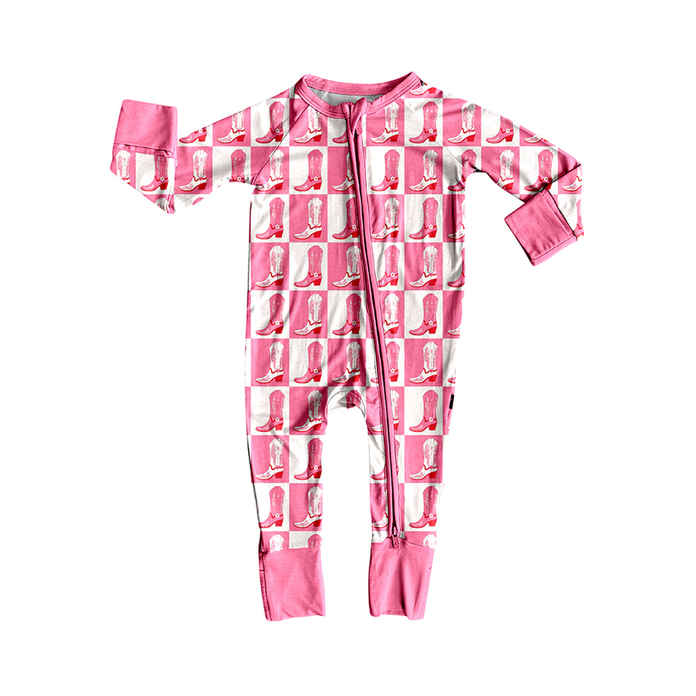 presale LR2251   Baby Girls Long Sleeves Light Pink Boots Plaid Zipper Rompers D 5.24