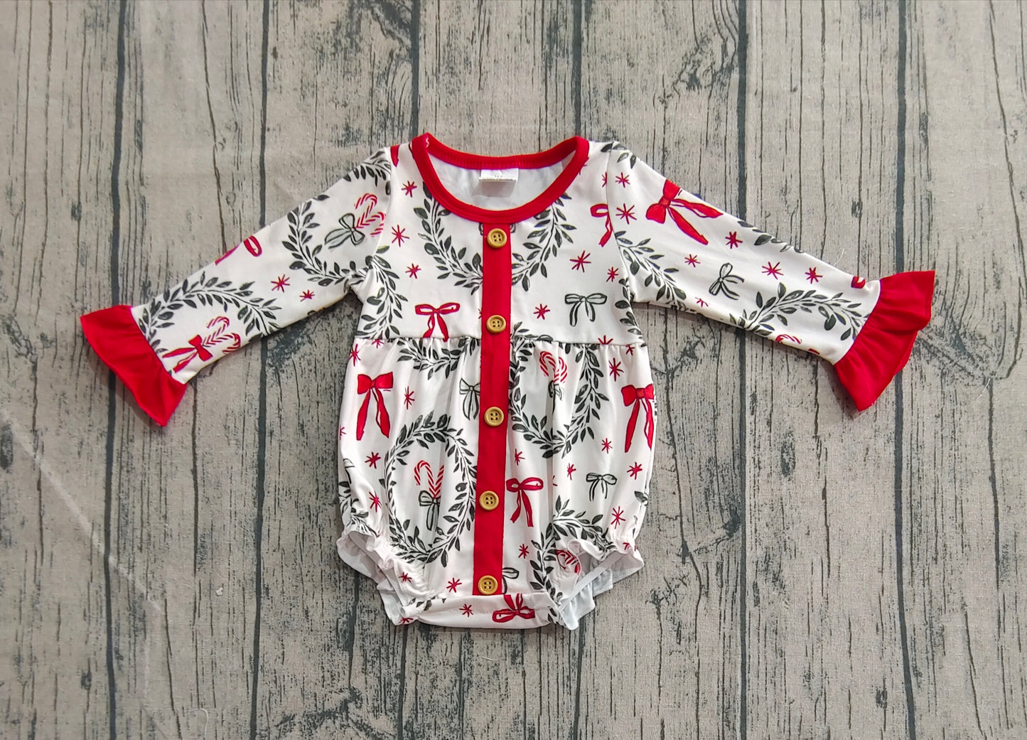 presale LR2252 Baby Girls Long Sleeves Red Green Bows Button Ruffle Rompers  D 5.24