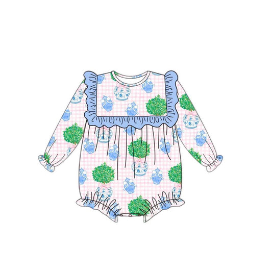 presale LR2254  Baby Girls Long Sleeves Pink Plaid Flowers Ruffle Rompers  D 5.27