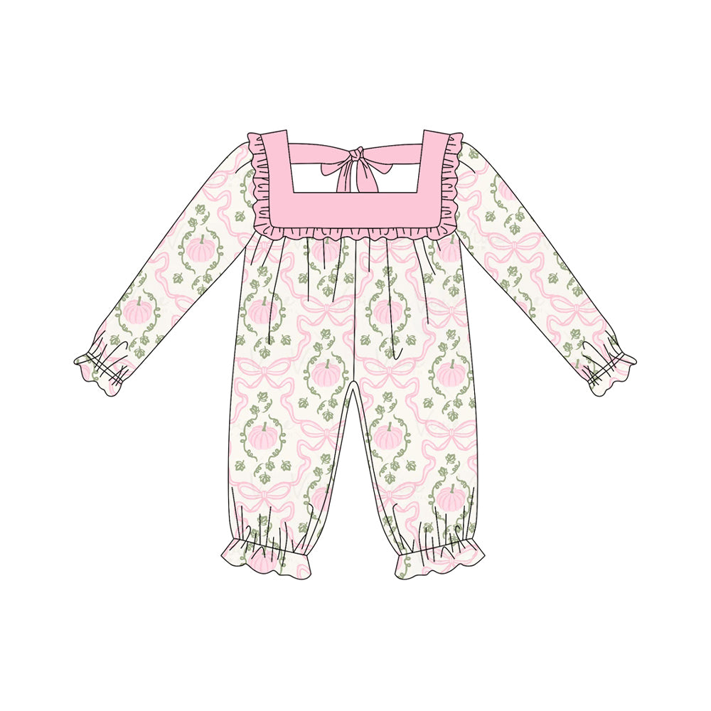 LR2255  Baby Girls Long Ruffle Sleeves Pink Pumpkins Bows Plaid Pant Rompers D 7.12