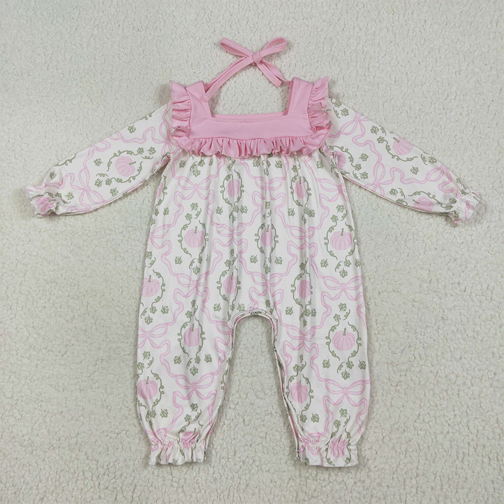 LR2255  Baby Girls Long Ruffle Sleeves Pink Pumpkins Bows Plaid Pant Rompers D 7.12