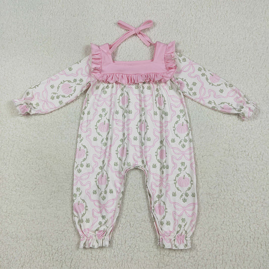 LR2255 Baby Girls Long Ruffle Sleeves Pink Pumpkins Bows Plaid Pant Rompers D 7.12