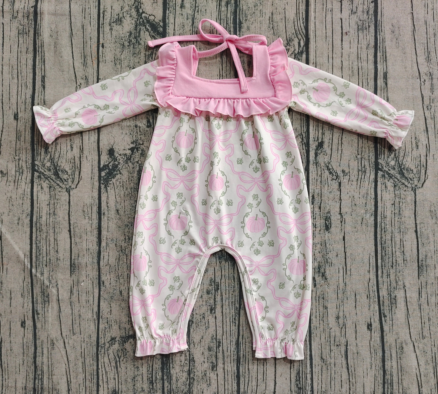 LR2255  Baby Girls Long Ruffle Sleeves Pink Pumpkins Bows Plaid Pant Rompers D 7.12