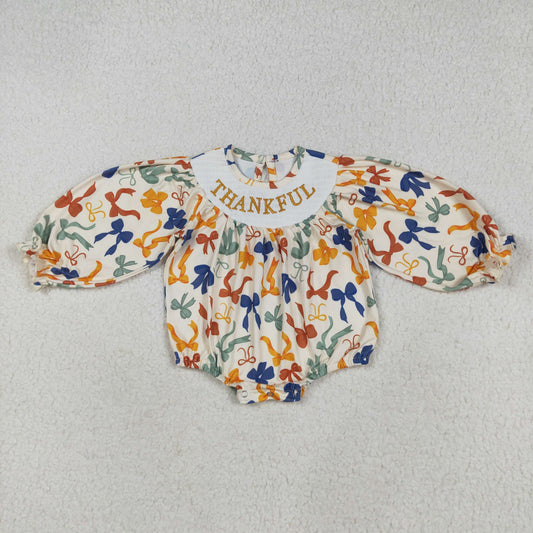 LR2257  Baby Girls Long Sleeves Smocked Thankful Colorful Bows Ruffle Rompers D 7.21