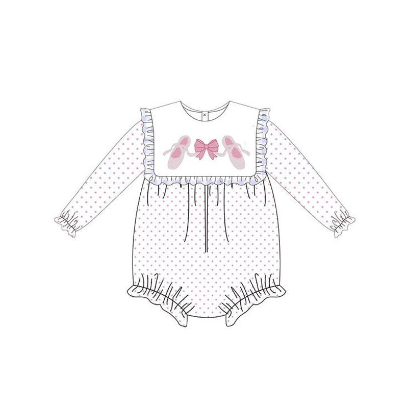 presale  LR2259 Baby Girls Long Sleeves Pink Bow Shoes Polka Dots Ruffle Rompers   D 5.29