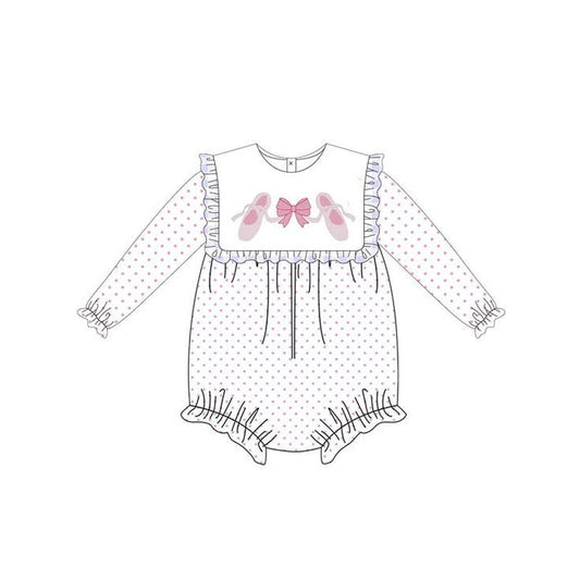 presale LR2259 Baby Girls Long Sleeves Pink Bow Shoes Polka Dots Ruffle Rompers D 5.29
