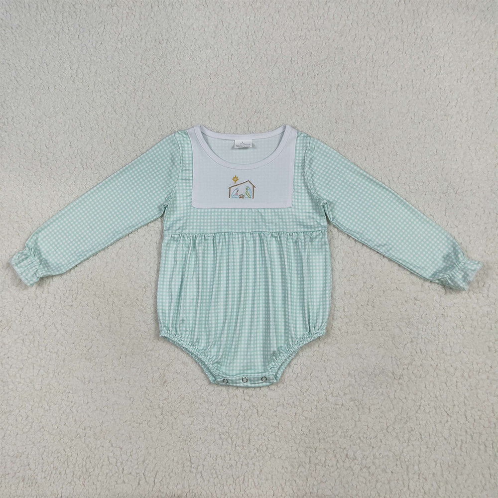 LR2265 Baby Boys Aqua Plaid Long Sleeves Jesus Bummies Rompers  D 7.12