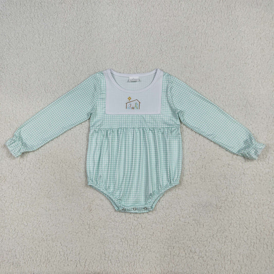 LR2265 Baby Boys Aqua Plaid Long Sleeves Jesus Bummies Rompers  D 7.12